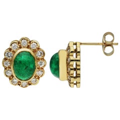 18ct Yellow Gold 2.65ct Cabochon Emerald & 0.40ct Diamond Cluster Earrings