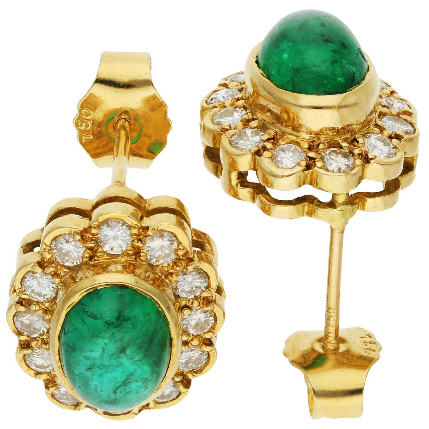18ct Yellow Gold 2.65ct Cabochon Emerald & 0.40ct Diamond Cluster Earrings In Good Condition For Sale In Birmingham, GB