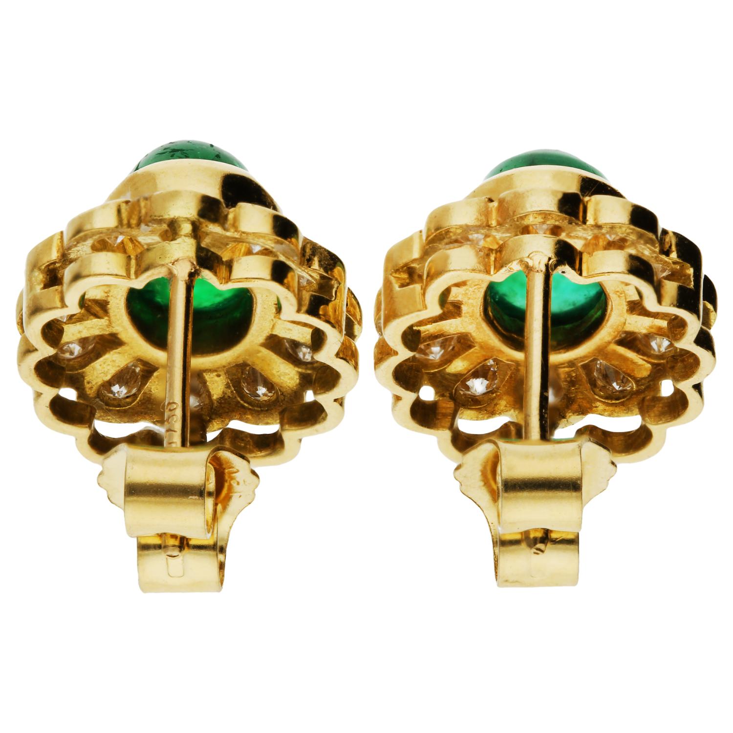 Women's 18ct Yellow Gold 2.65ct Cabochon Emerald & 0.40ct Diamond Cluster Earrings For Sale