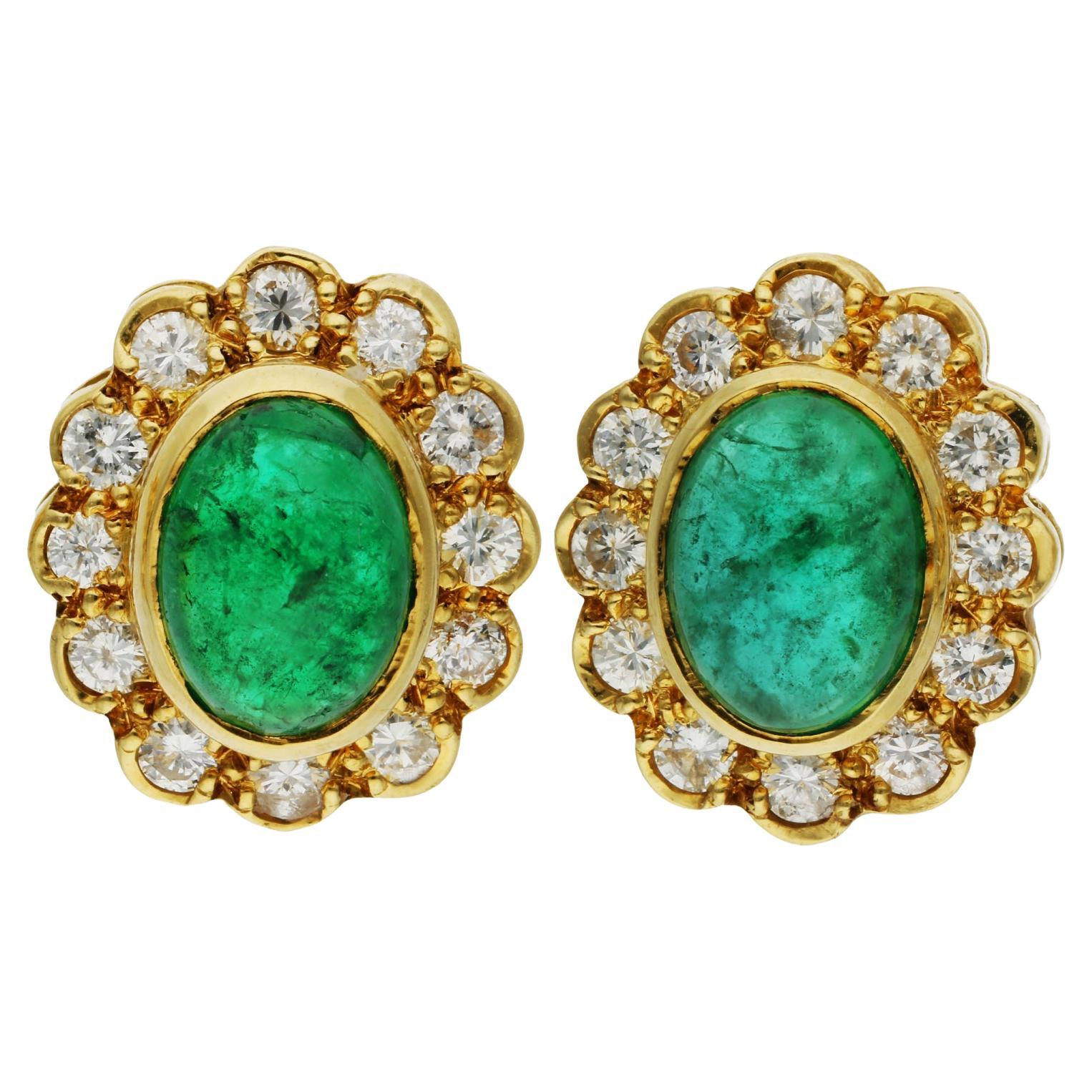 18ct Yellow Gold 2.65ct Cabochon Emerald & 0.40ct Diamond Cluster Earrings For Sale