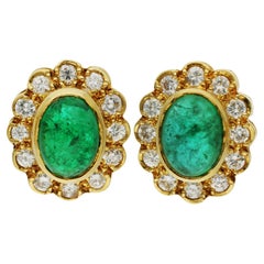 18ct Yellow Gold 2.65ct Cabochon Emerald & 0.40ct Diamond Cluster Earrings