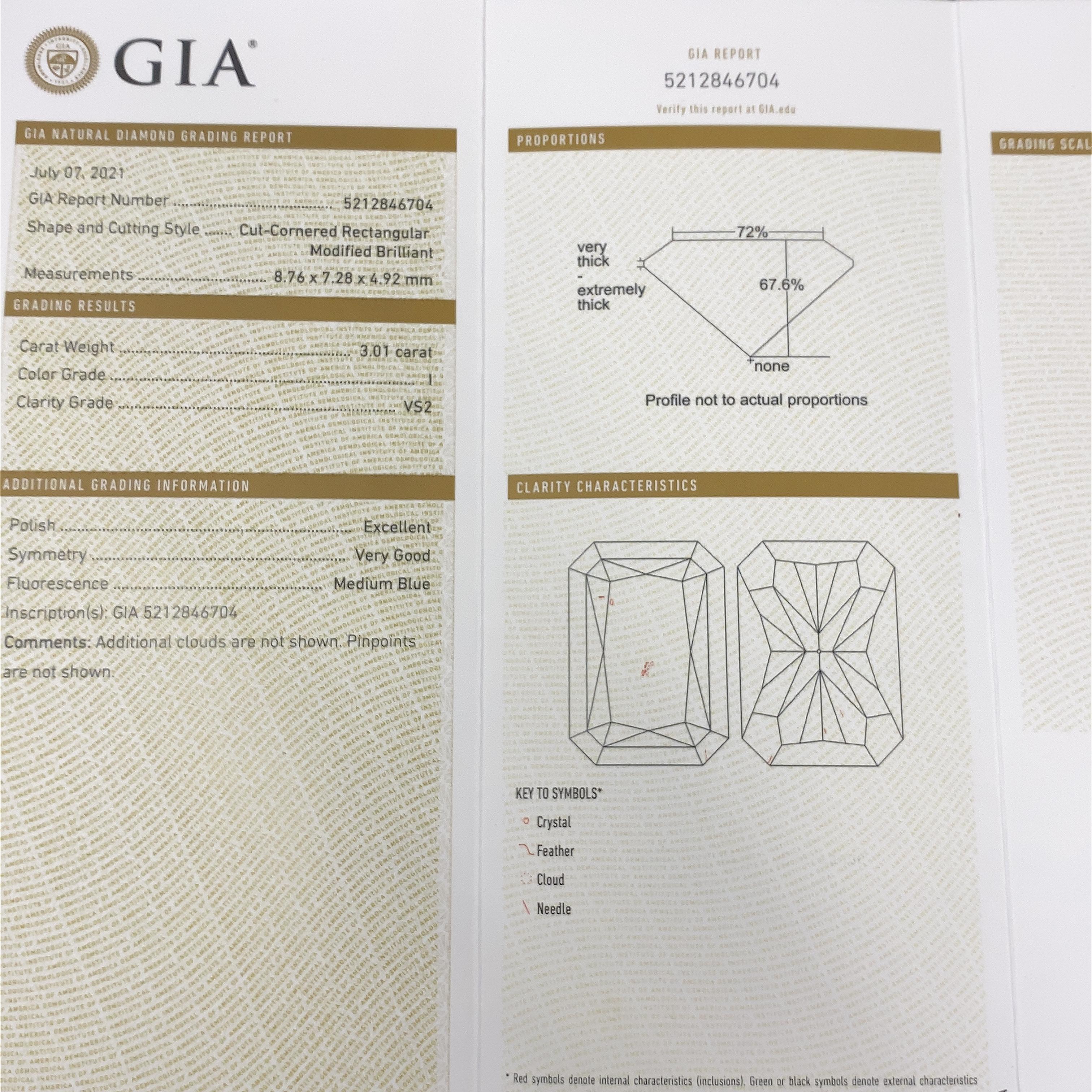 18 Karat Gelbgold, 3,01 Karat I/VS2 rechteckiger Diamant Gia zertifiziert (Radiantschliff) im Angebot