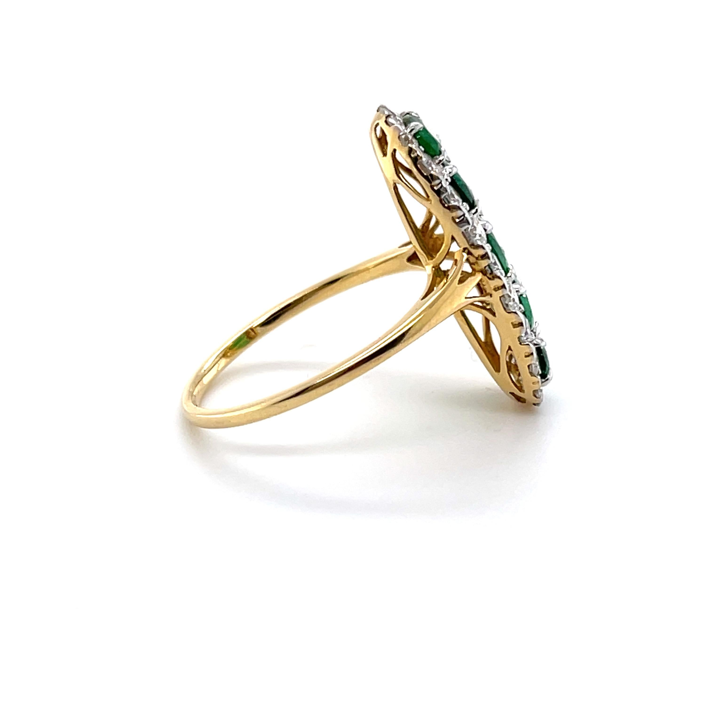 For Sale:  18ct Yellow Gold 5 Stone Emerald and Diamond Navette Dress Ring 2