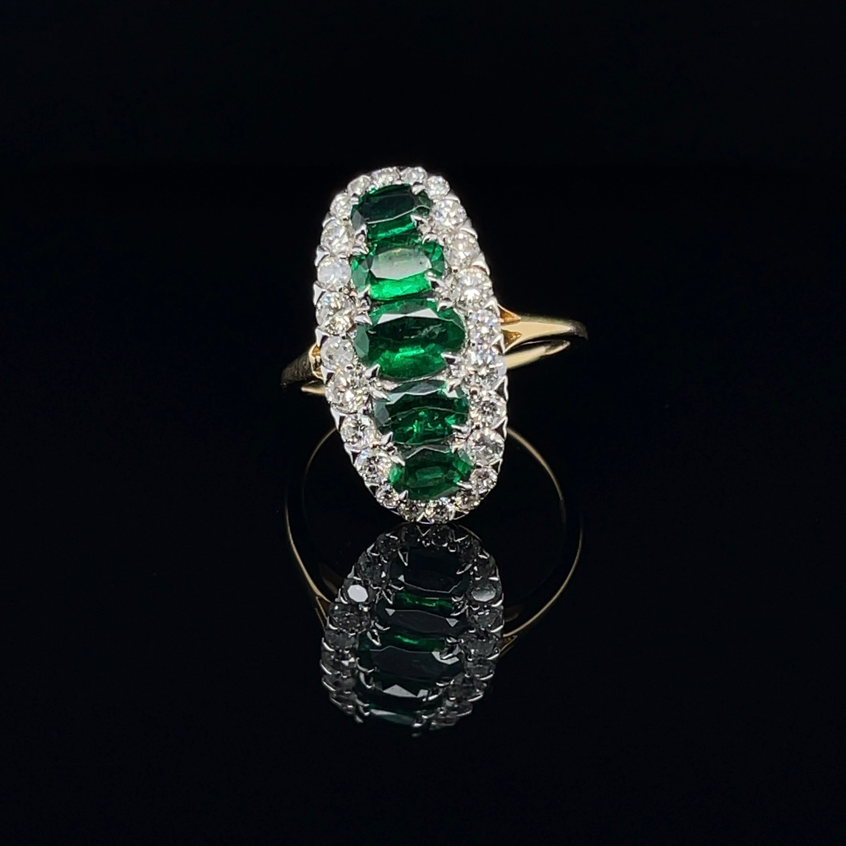 For Sale:  18ct Yellow Gold 5 Stone Emerald and Diamond Navette Dress Ring 7
