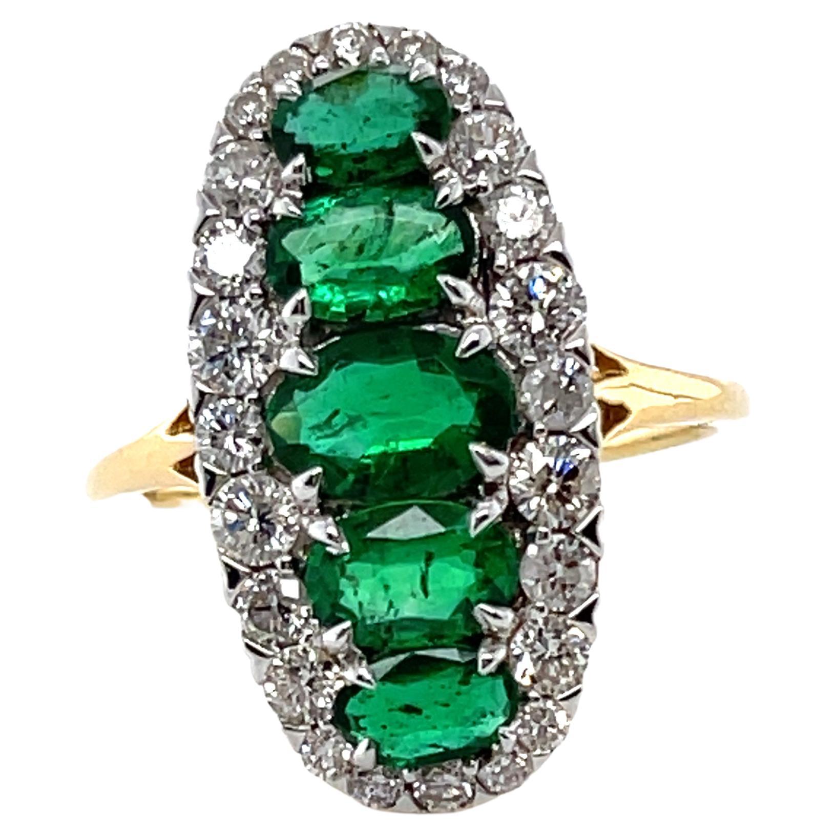 For Sale:  18ct Yellow Gold 5 Stone Emerald and Diamond Navette Dress Ring