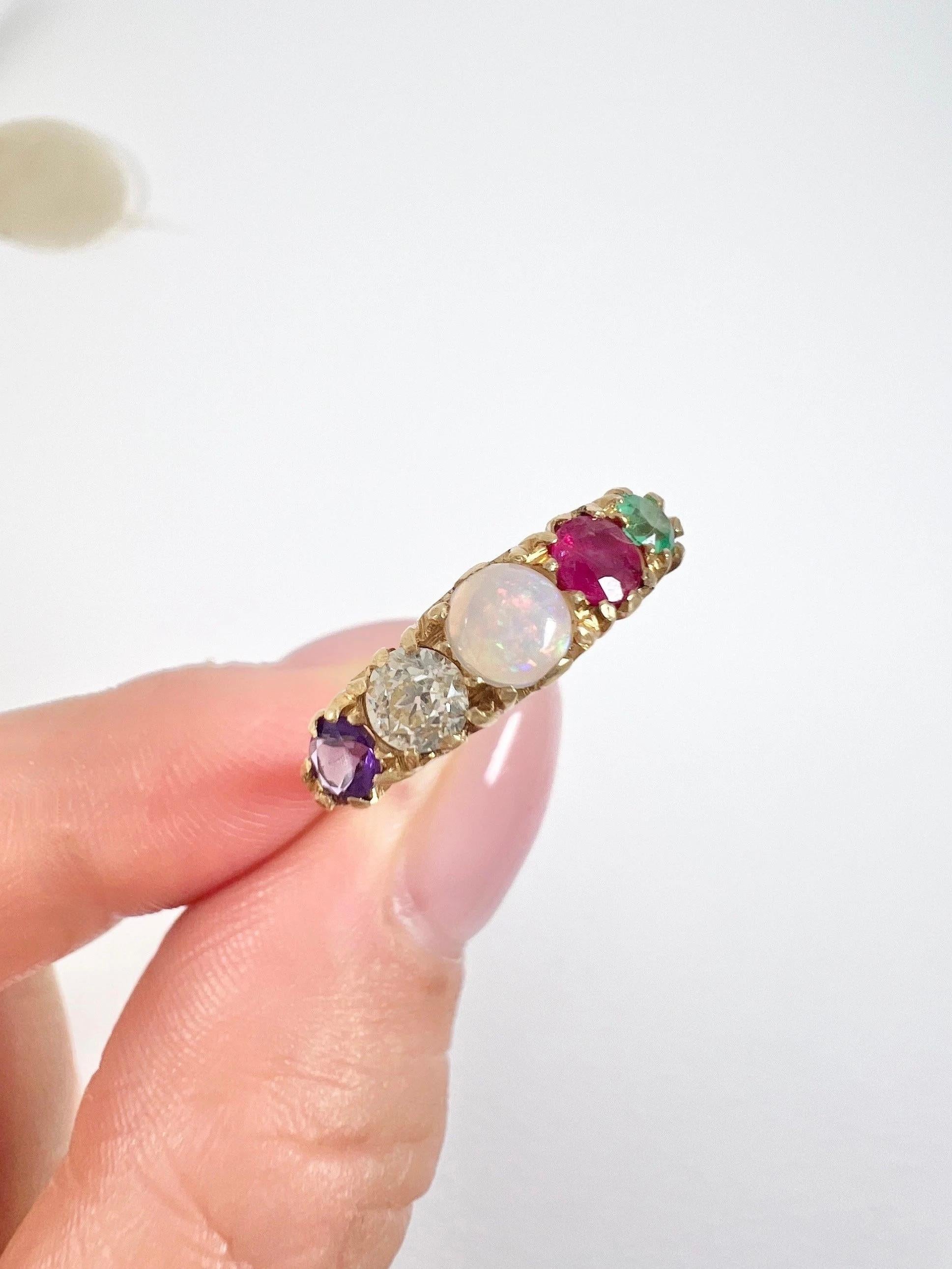 18ct Yellow Gold ADORE Amethyst, Diamond, Opal, Ruby & Emerald Acrostic Ring 6