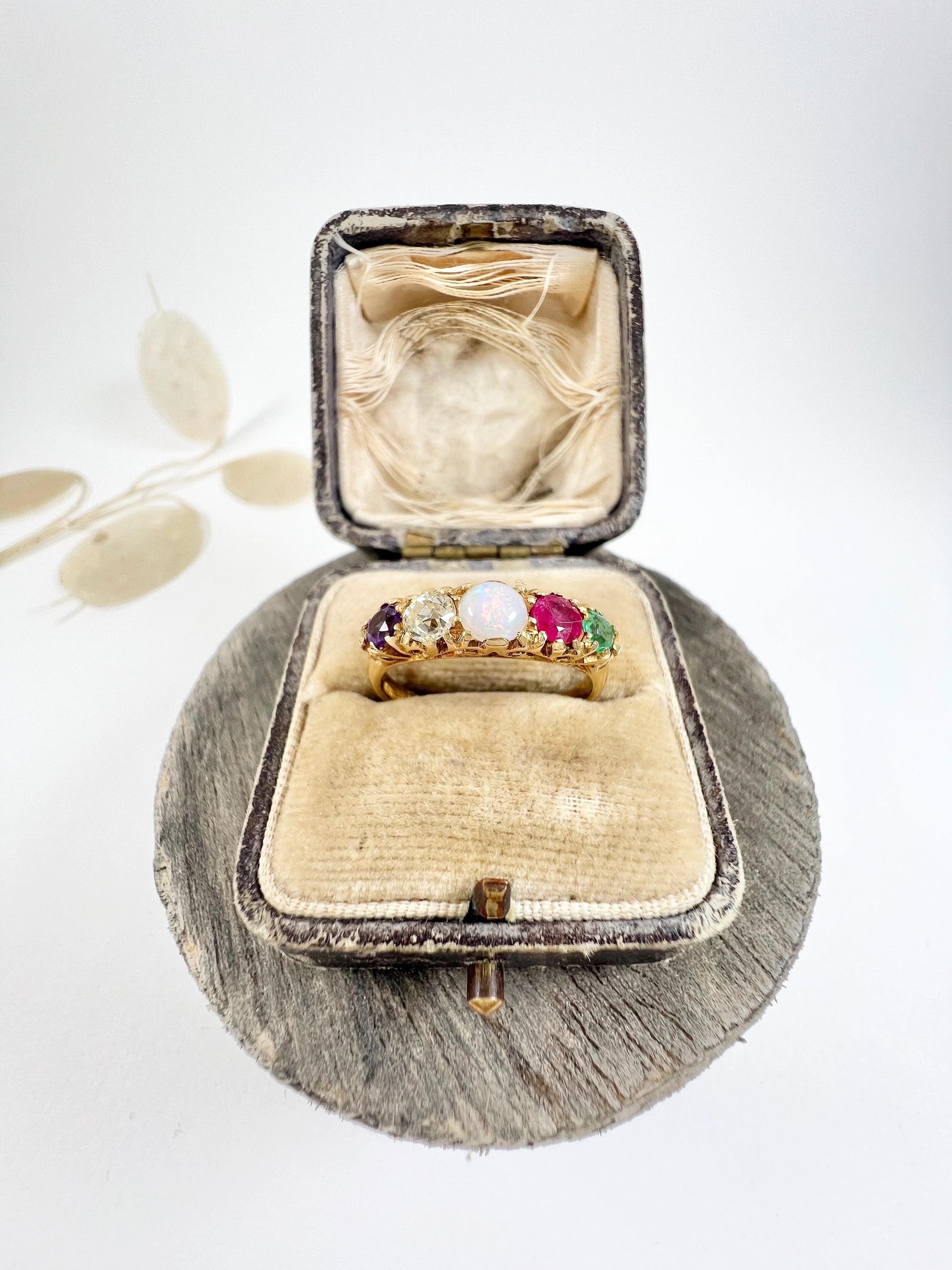 Women's or Men's 18ct Yellow Gold ADORE Amethyst, Diamond, Opal, Ruby & Emerald Acrostic Ring