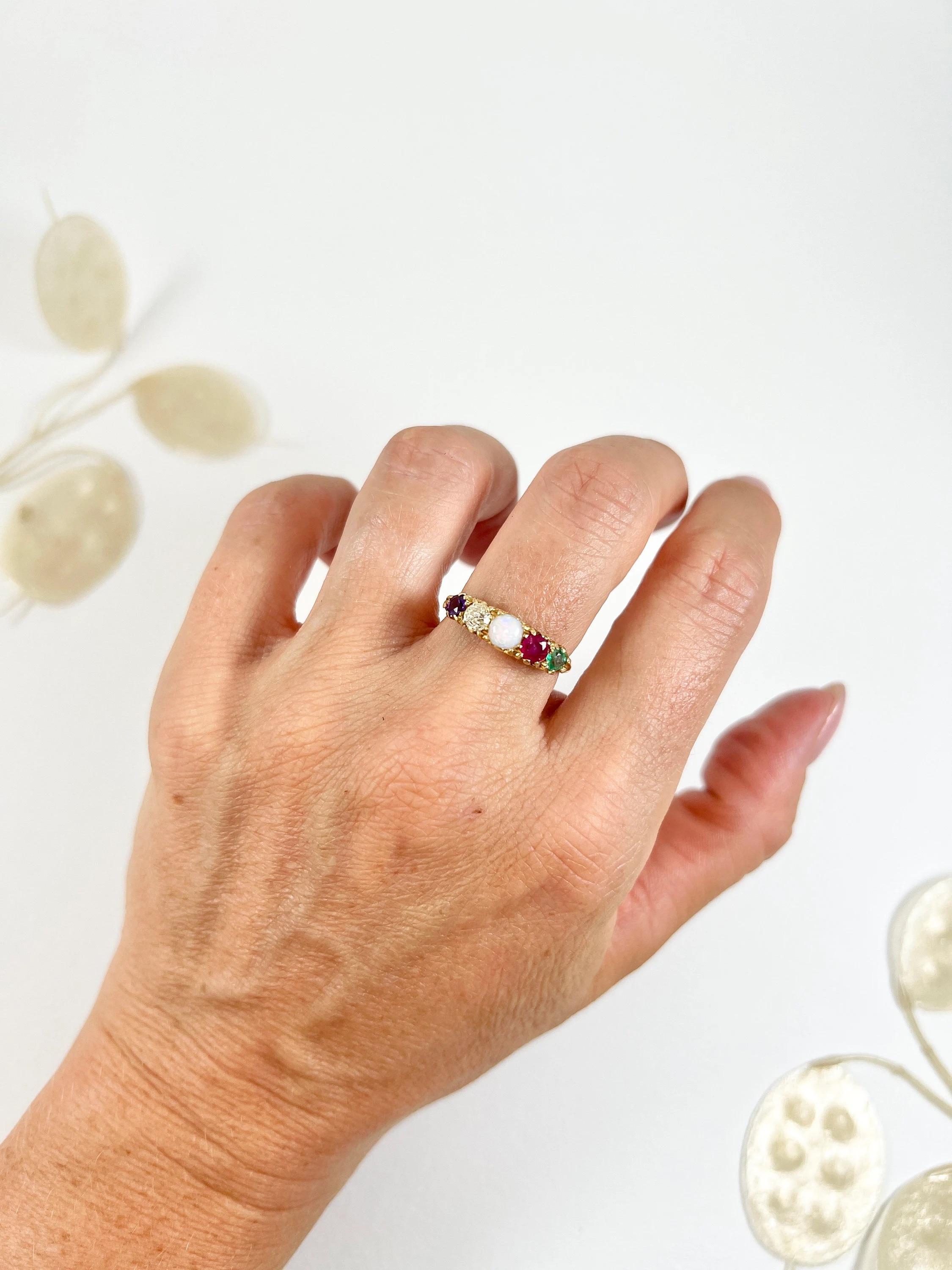 18ct Yellow Gold ADORE Amethyst, Diamond, Opal, Ruby & Emerald Acrostic Ring 1