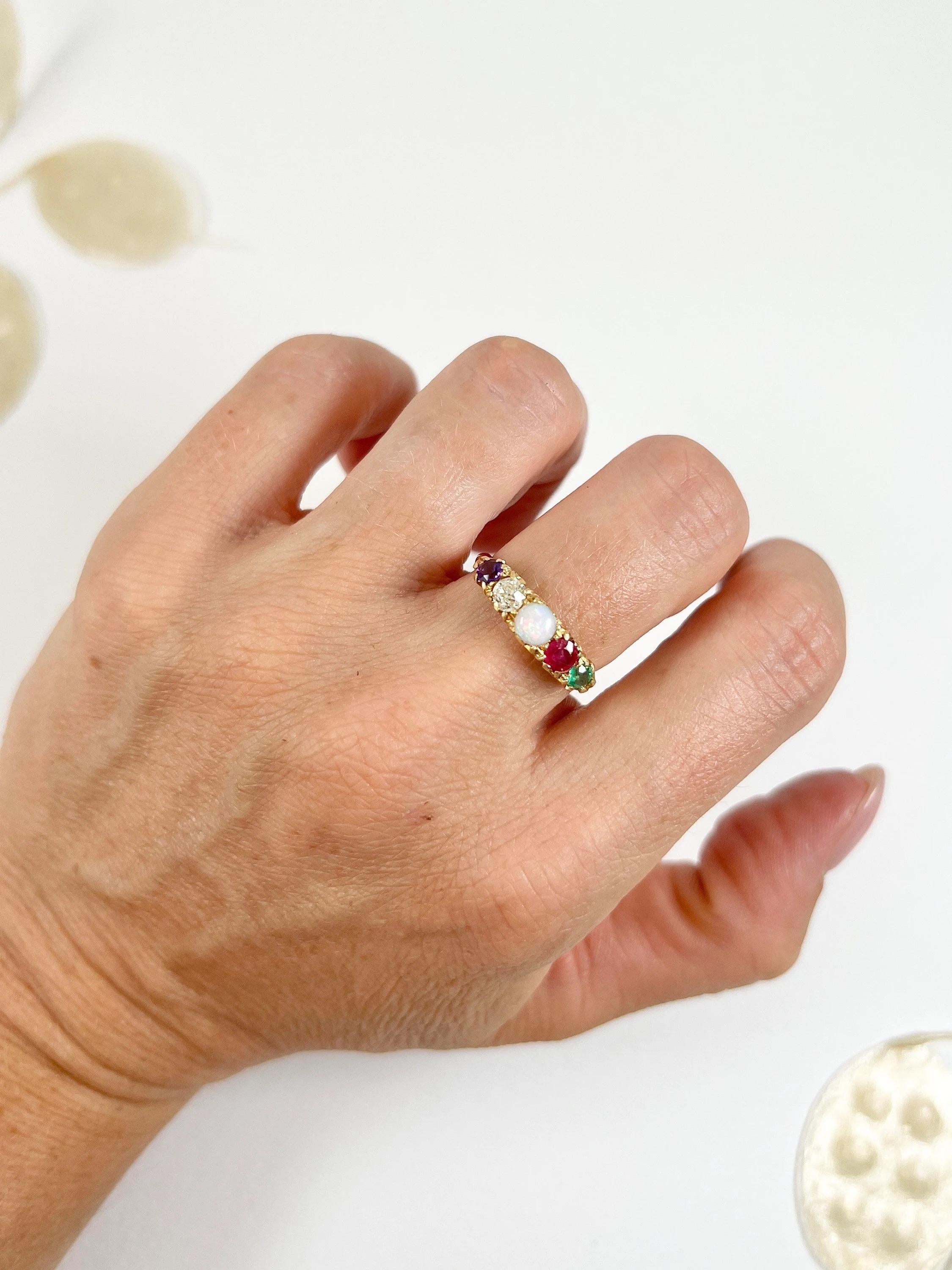 18ct Yellow Gold ADORE Amethyst, Diamond, Opal, Ruby & Emerald Acrostic Ring 2