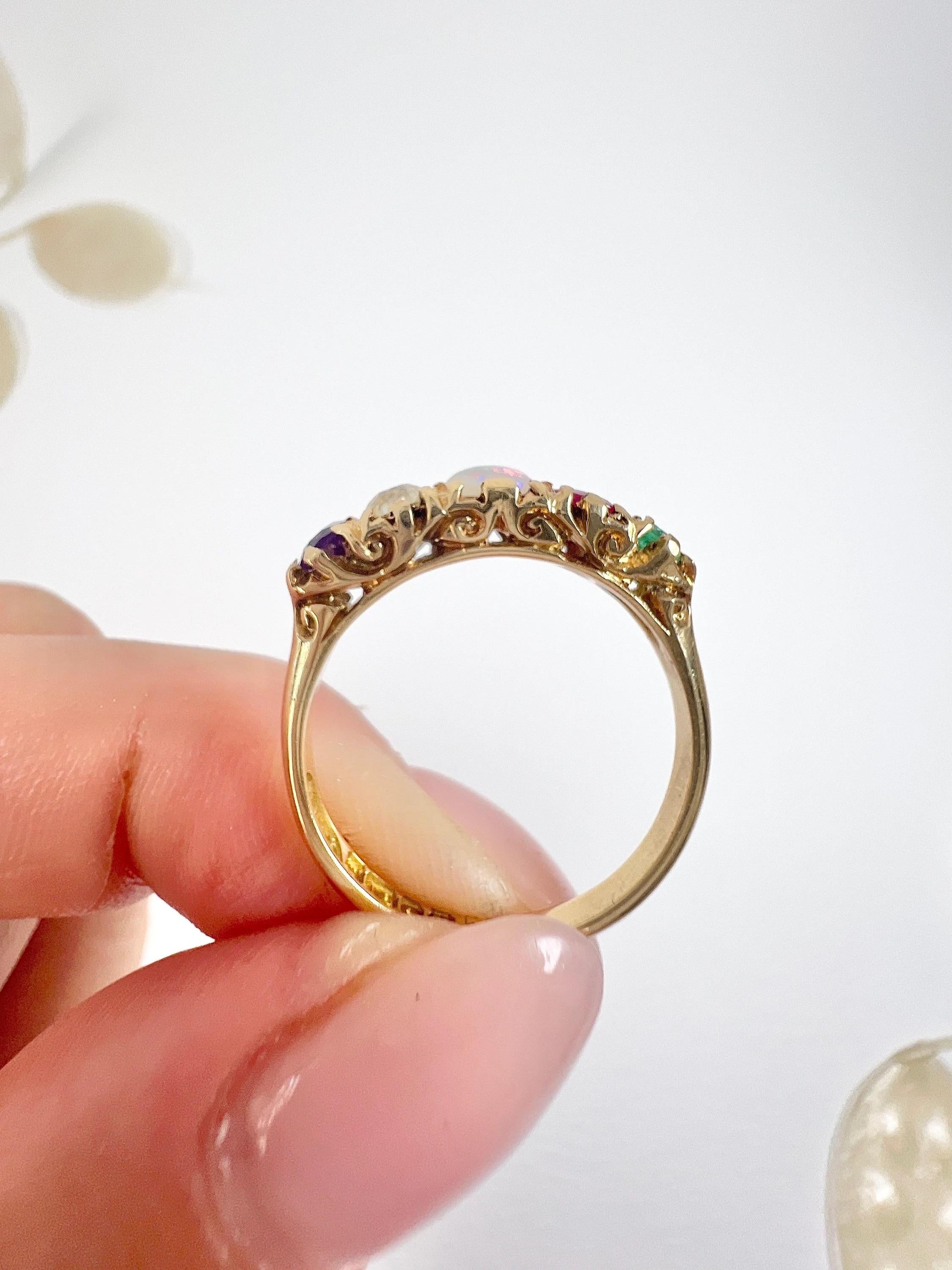 18ct Yellow Gold ADORE Amethyst, Diamond, Opal, Ruby & Emerald Acrostic Ring 4