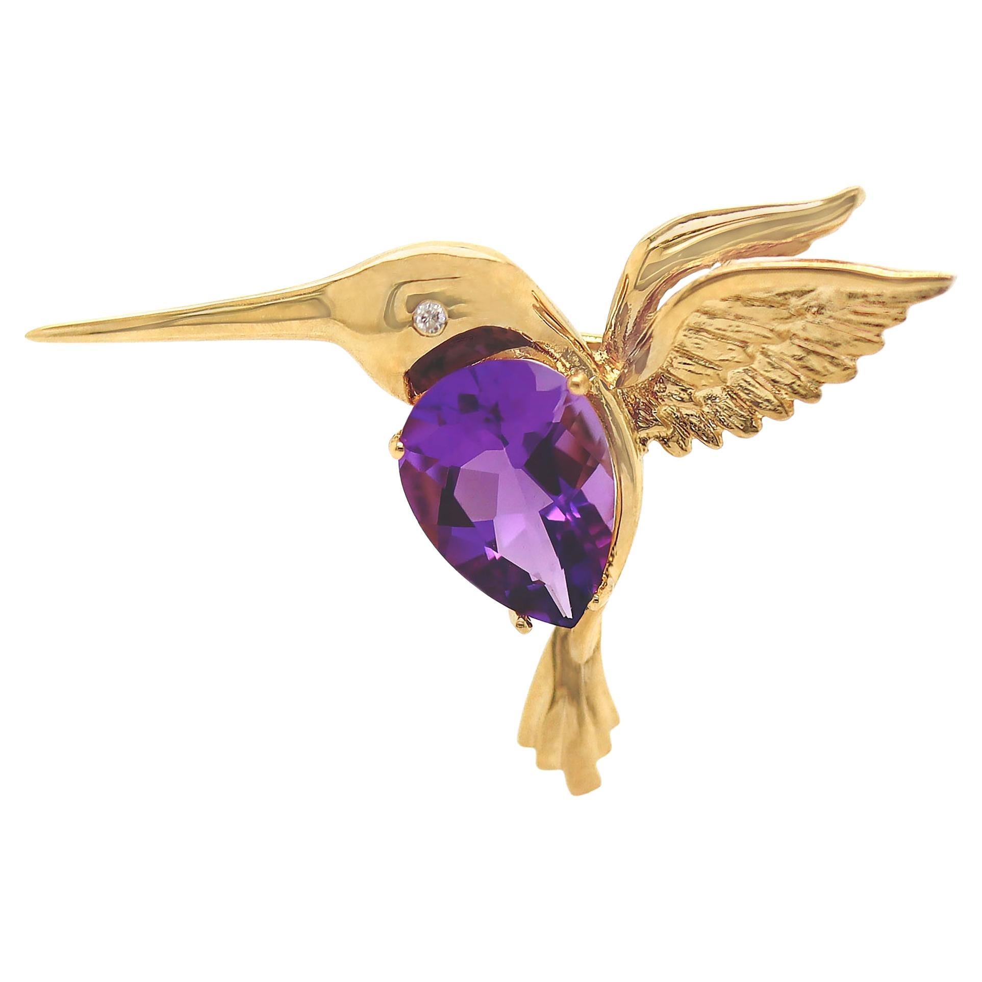 18CT Yellow Gold Amethyst And Diamond Hummingbird Convertible Pendant Brooch