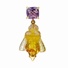 18ct Yellow Gold, Amethyst and Hand Carved Amber Bee Earrings