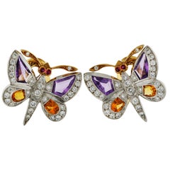 18ct Yellow Gold Amethyst, Citrine & Diamond Butterfly Clip On Earrings 9.30g