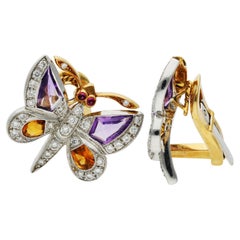 18ct Yellow Gold Amethyst, Citrine & Diamond Butterfly Clip On Earrings 9.30g