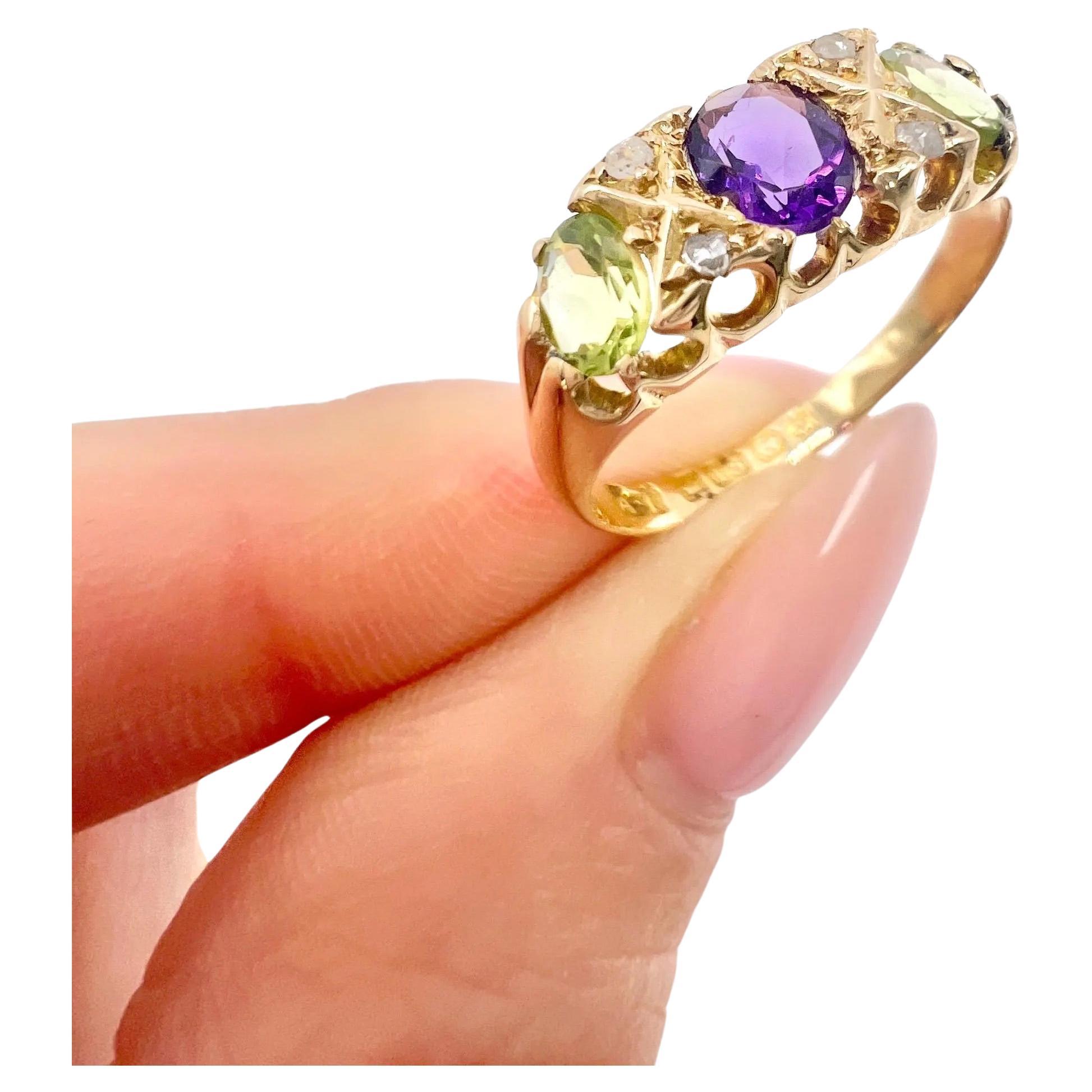 Bague Suffragette en or jaune 18 carats avec améthyste, diamant et péridot, poinçonnée en 1907