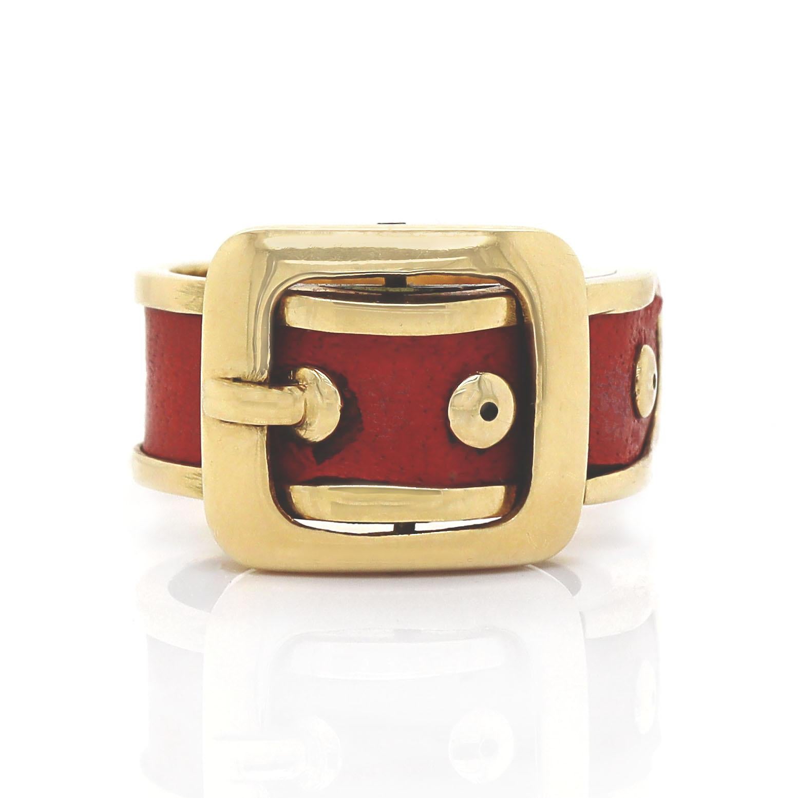 Women's or Men's 18CT Yellow Gold And Leather Vintage Buckle Ring For Sale