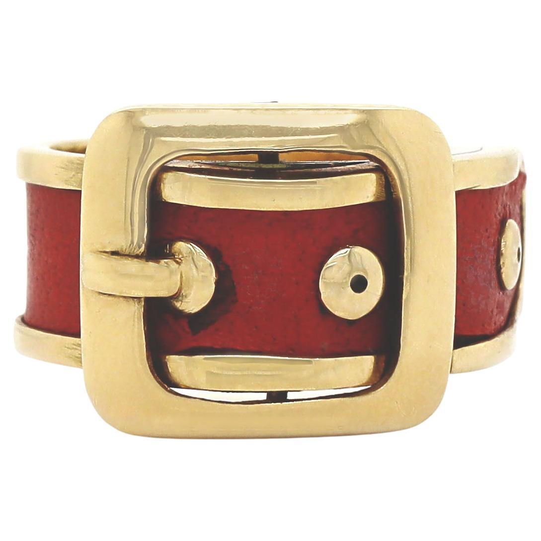 18CT Yellow Gold And Leather Vintage Buckle Ring