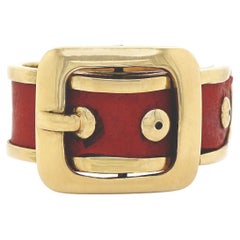 18CT Yellow Gold And Leather Vintage Buckle Ring