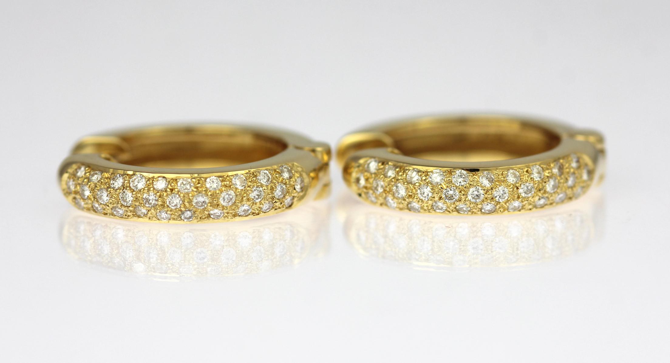 Contemporary 18ct yellow gold and pave diamond hoop earrings 0.32ct For Sale