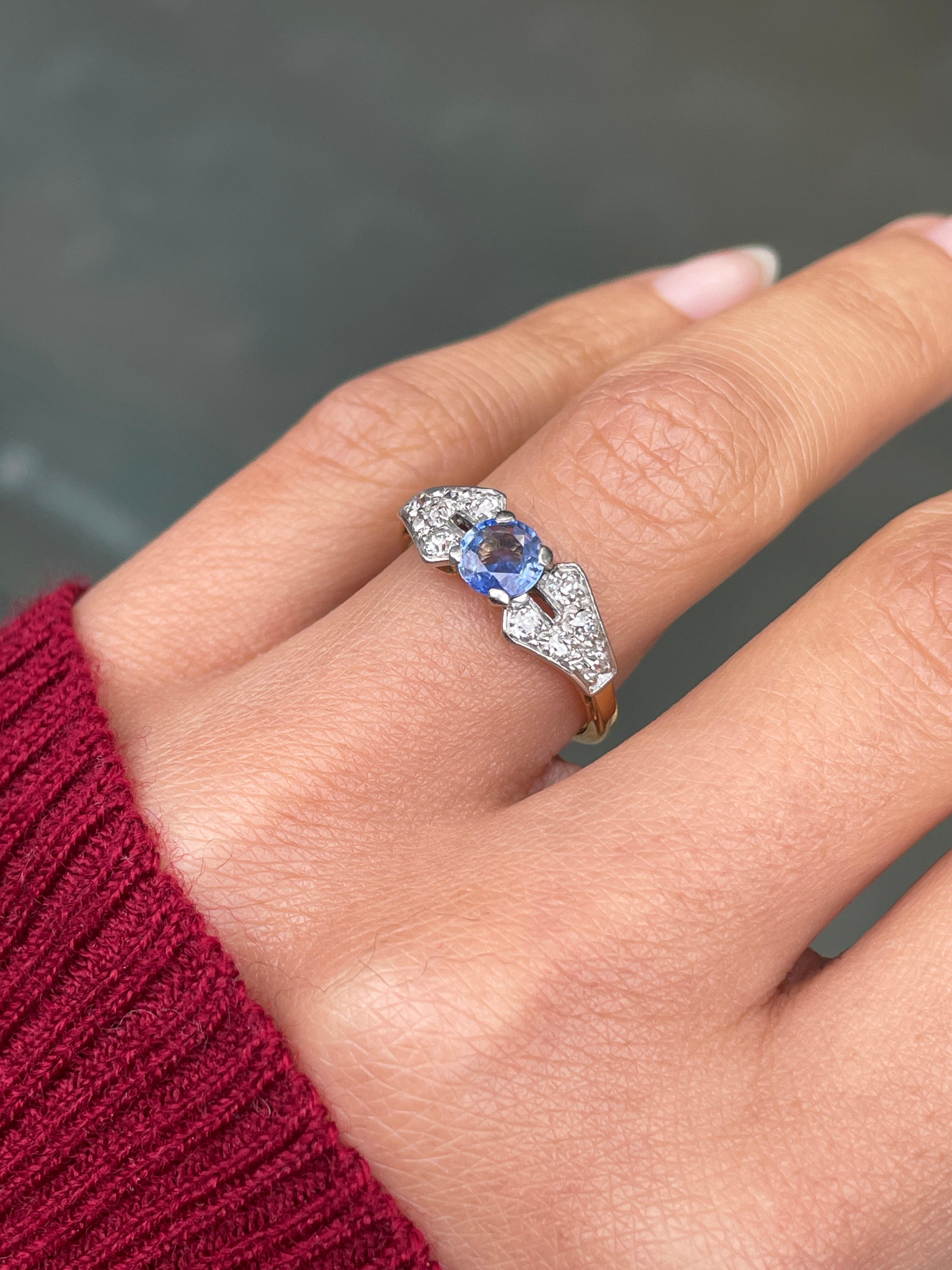 Donna Anello di fidanzamento con zaffiro e diamante 1930 in oro giallo 18 ct e platino in vendita