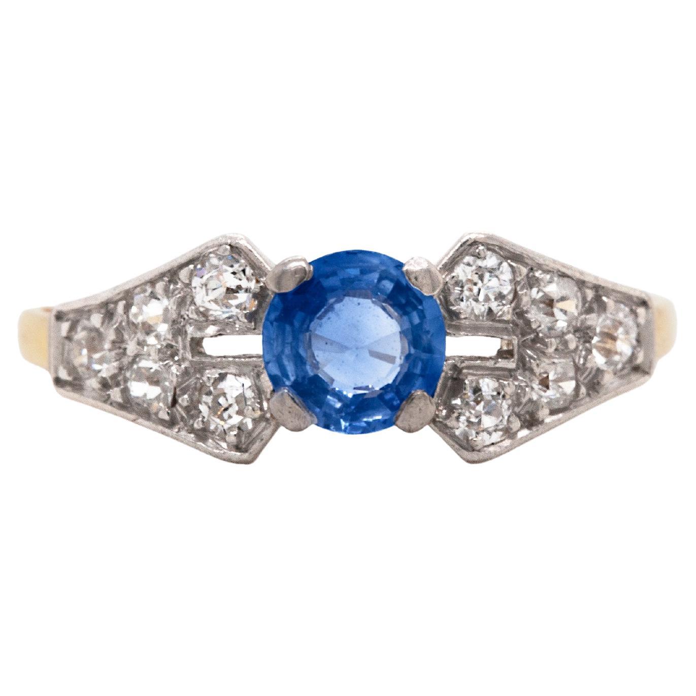 18ct Yellow Gold and Platinum Sapphire and Diamond 1930s Engagement Ring For Sale