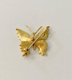18 Carat Yellow Gold and White Enamel Butterfly Diamond Set Brooch