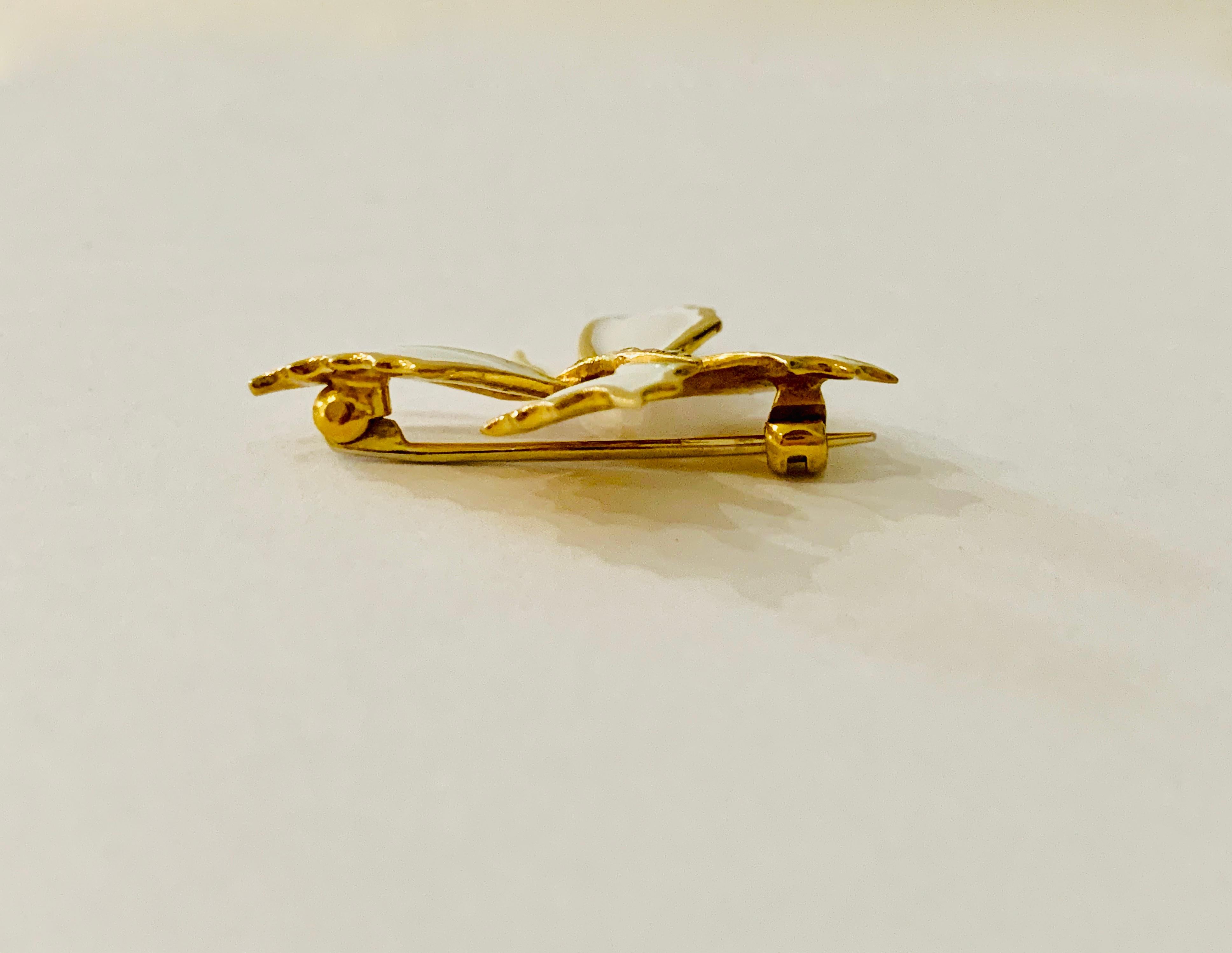 Modern 18 Carat Yellow Gold and White Enamel Butterfly Diamond Set Brooch For Sale