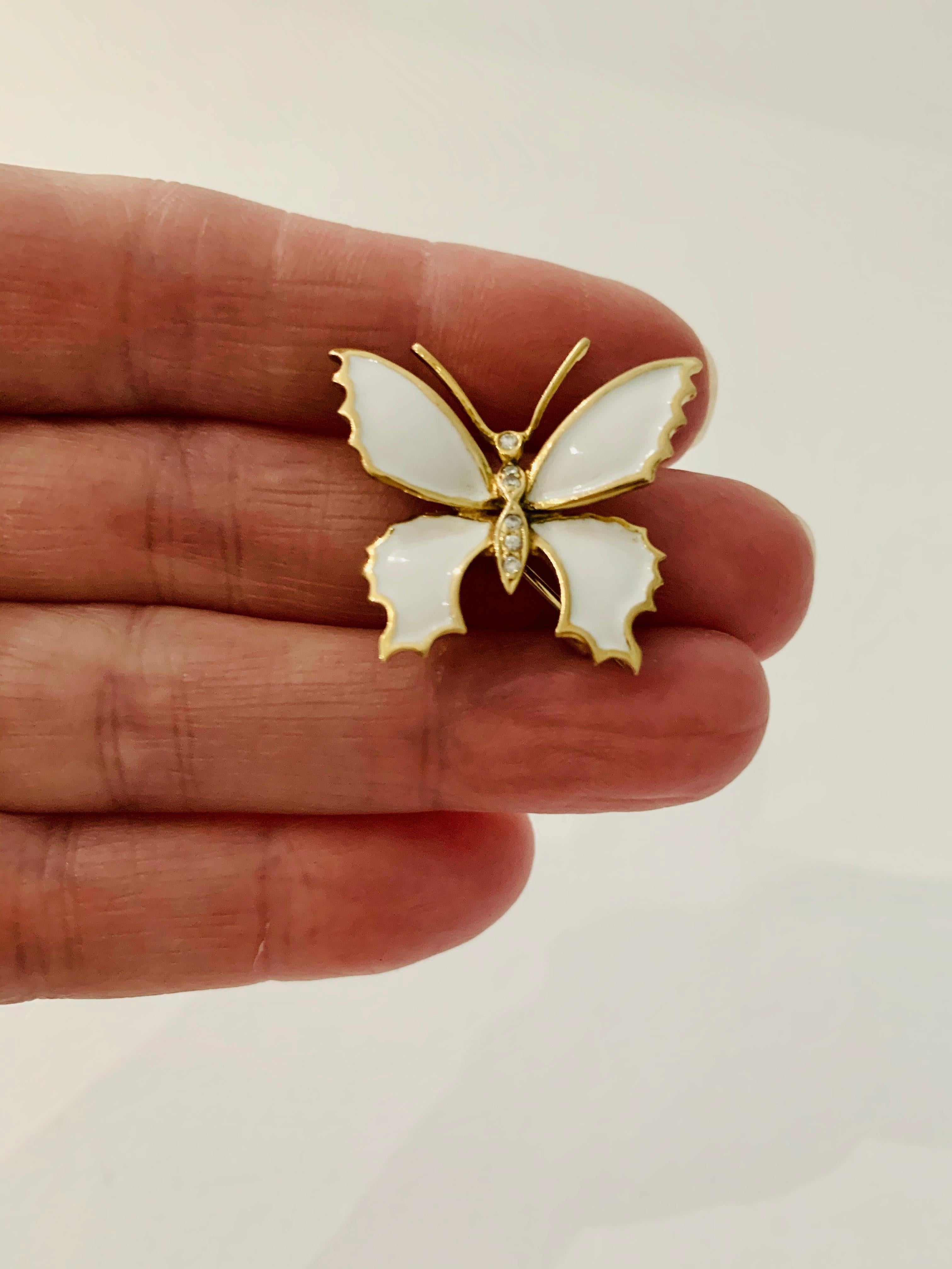 Women's or Men's 18 Carat Yellow Gold and White Enamel Butterfly Diamond Set Brooch For Sale