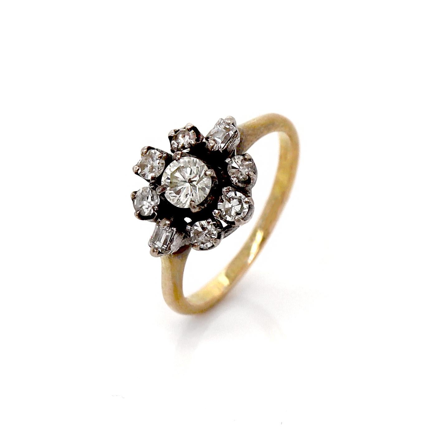 18CT Yellow Gold Antique Diamond Ring

This stunning 18ct yellow gold ring from the 1930s features a central 0.25ct round brilliant cut diamond, radiating timeless elegance. Surrounding the center stone is a dazzling array of round and baguette cut