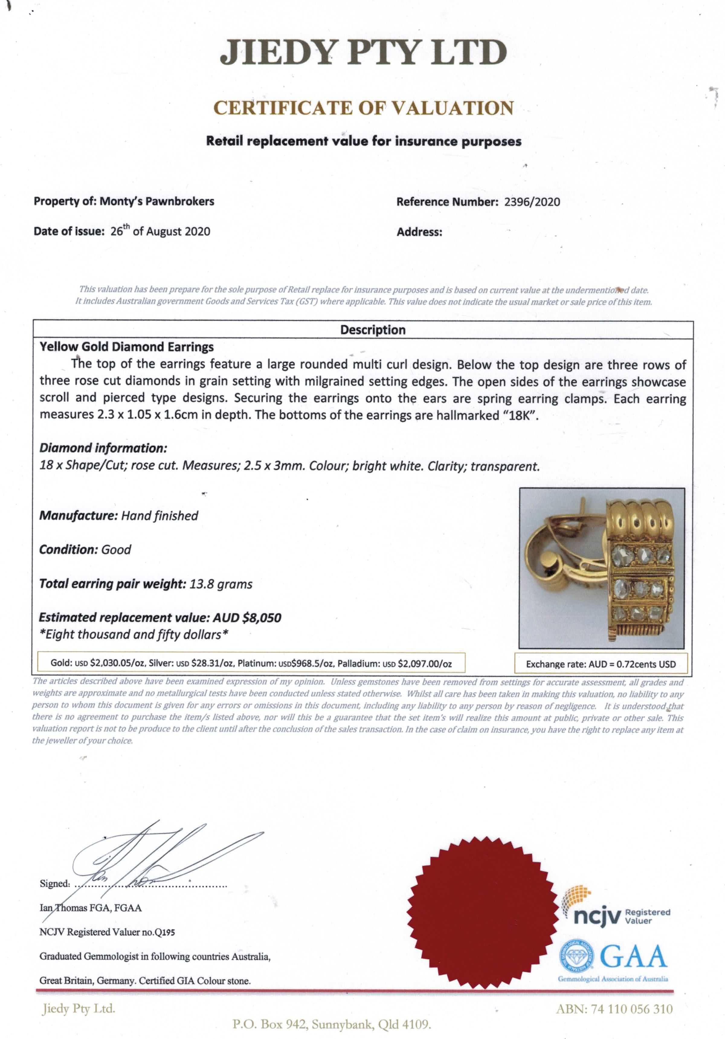 18 Karat Gelbgold antike Diamant-Ohrringe im Rosenschliff Val $8050 AUD (Viktorianisch) im Angebot