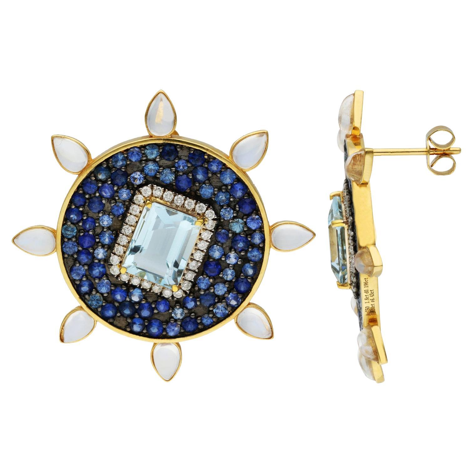 18ct Yellow Gold Aquamarine, Sapphire & Diamond Earrings For Sale