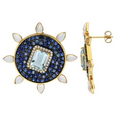 Fei Liu 18ct Yellow Gold Aquamarine, Sapphire & Diamond Earrings