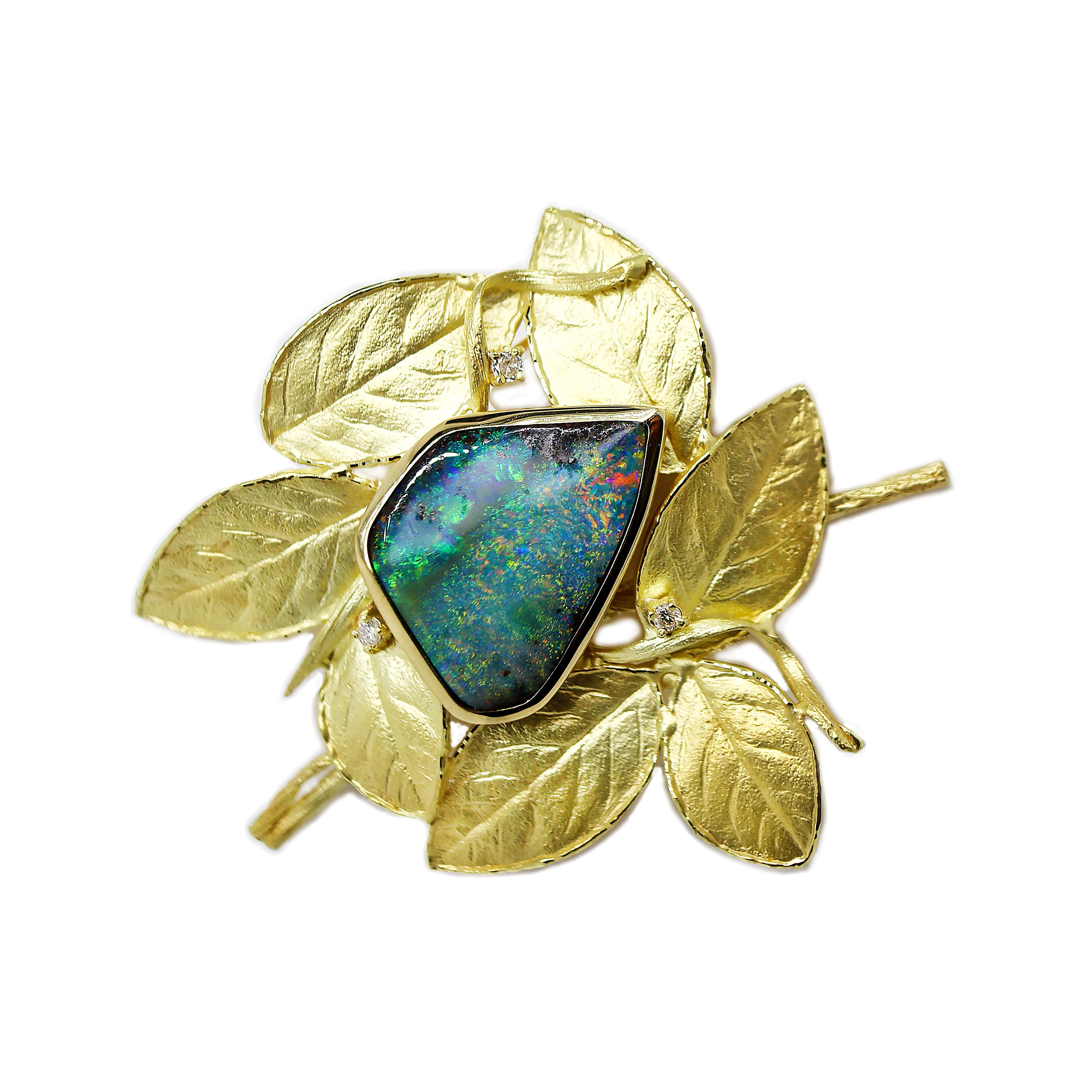 Romantic 18CT Yellow Gold Australian Opal & Diamond Leaf Brooch For Sale