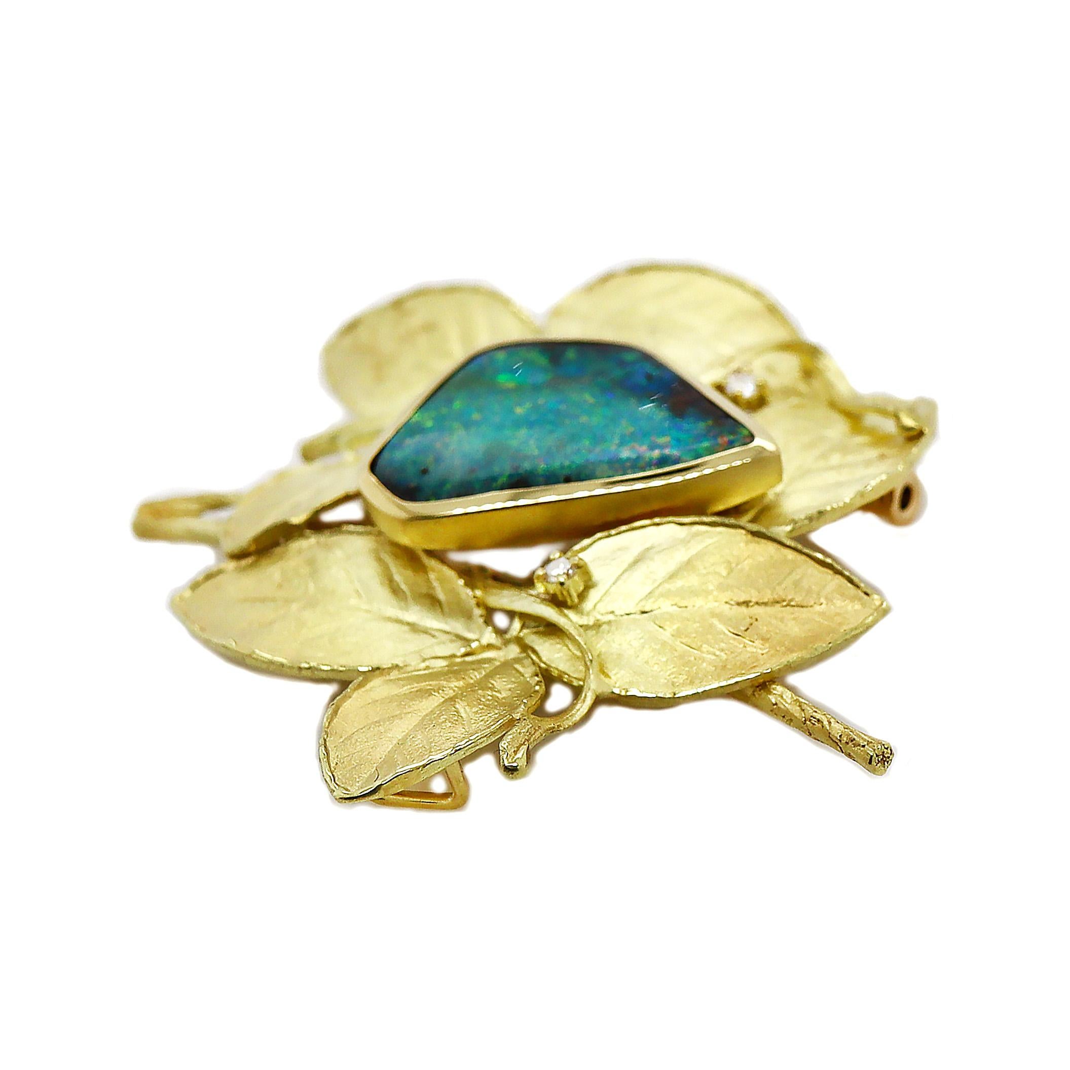 Cabochon 18CT Yellow Gold Australian Opal & Diamond Leaf Brooch For Sale