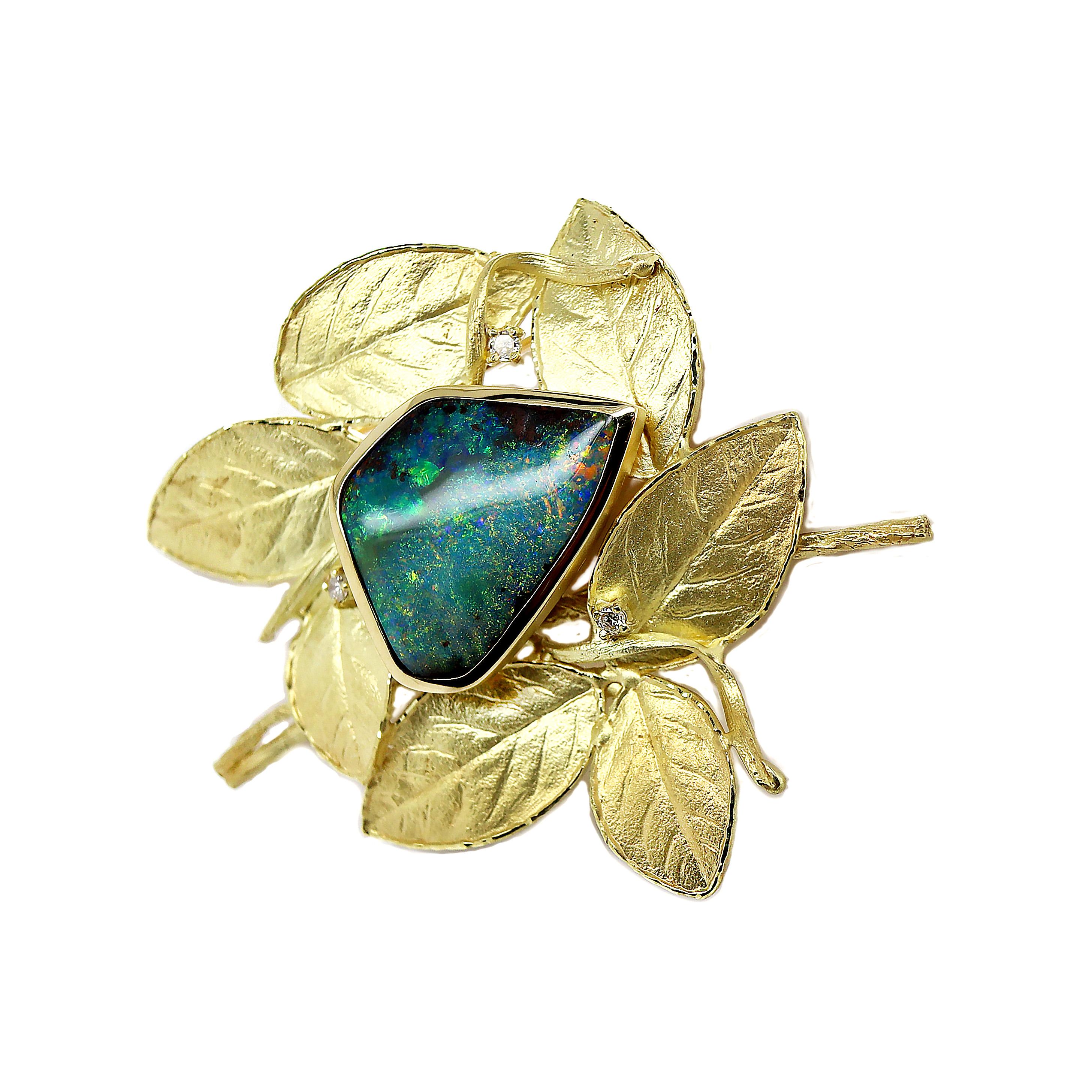 18CT Yellow Gold Australian Opal & Diamond Leaf Brooch In Excellent Condition For Sale In Sydney, NSW