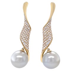 18ct Gelbgold Autore Goldene Südsee Perle und Diamant Twist Ohrringe 1,00ct