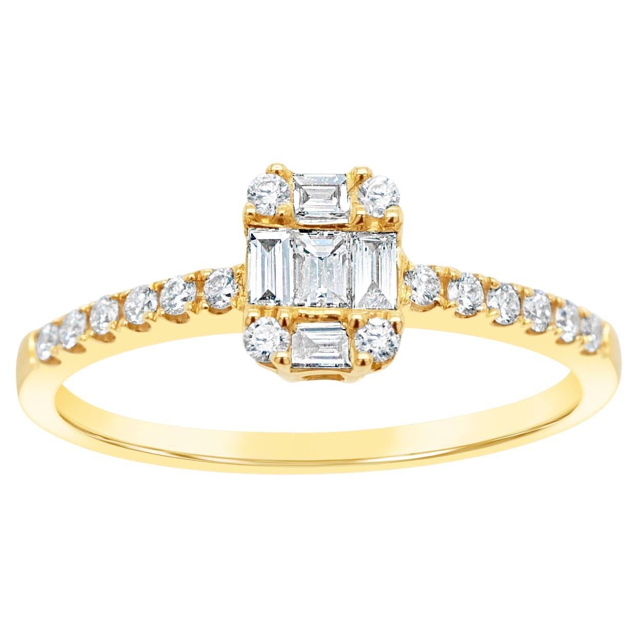 18CT Yellow Gold Baguette and Round Diamonds Emerald Cluster Engagement Ring For Sale