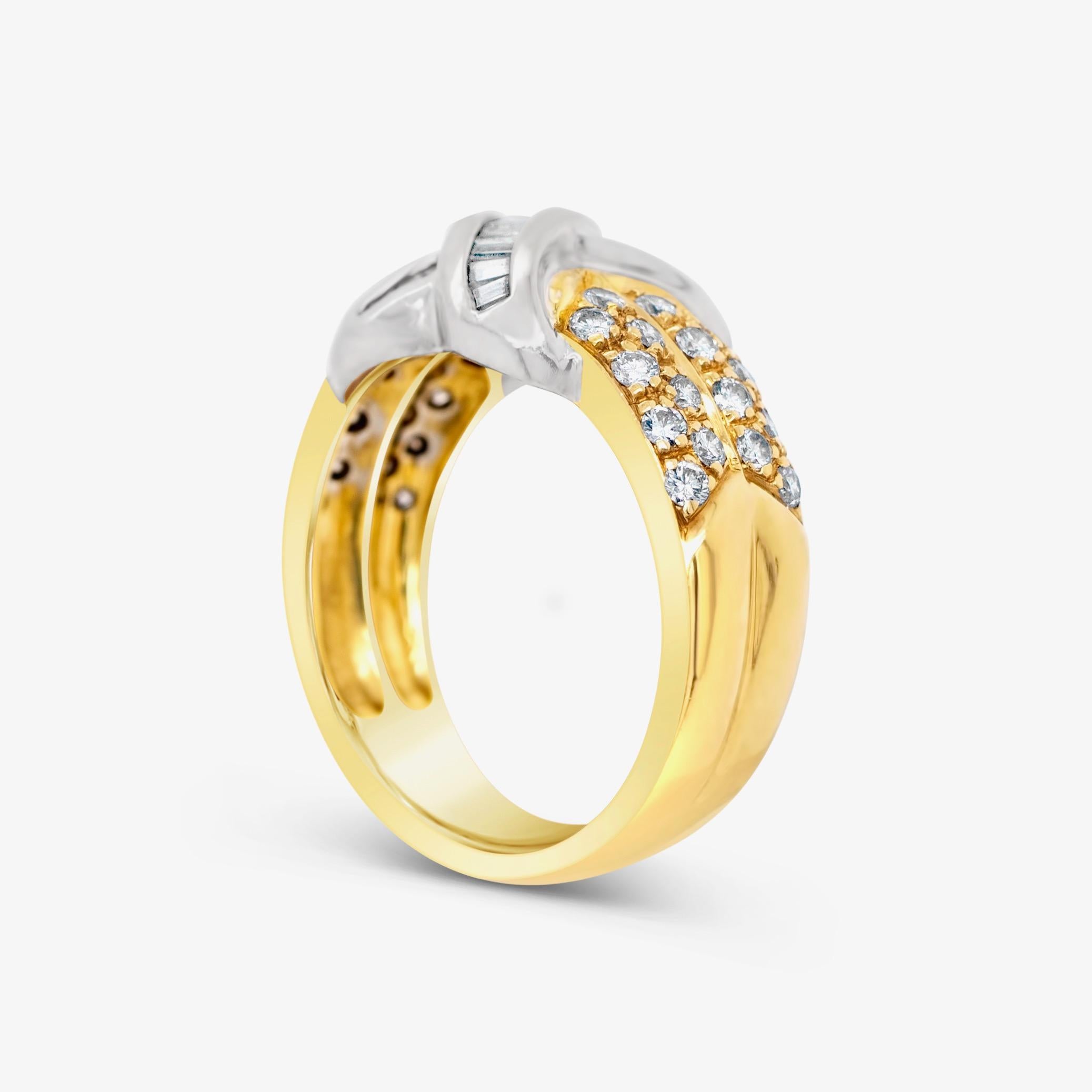 Art Deco 18 Karat Yellow Gold Baguette & Round 1 Carat Diamond Bow Ring For Sale