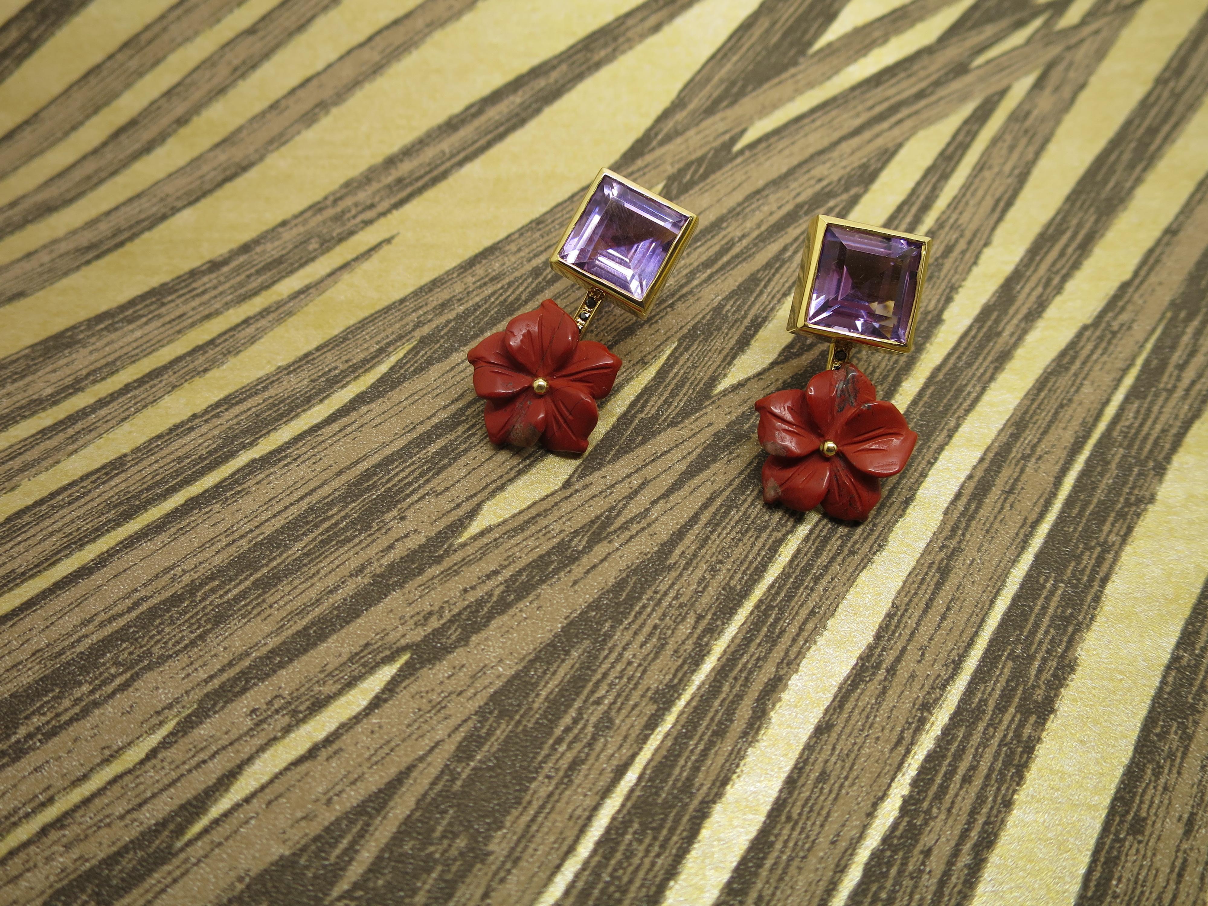 Women's 18ct Yellow Gold, Black Diamond, Amethyst and Jasper Flower Earrings For Sale