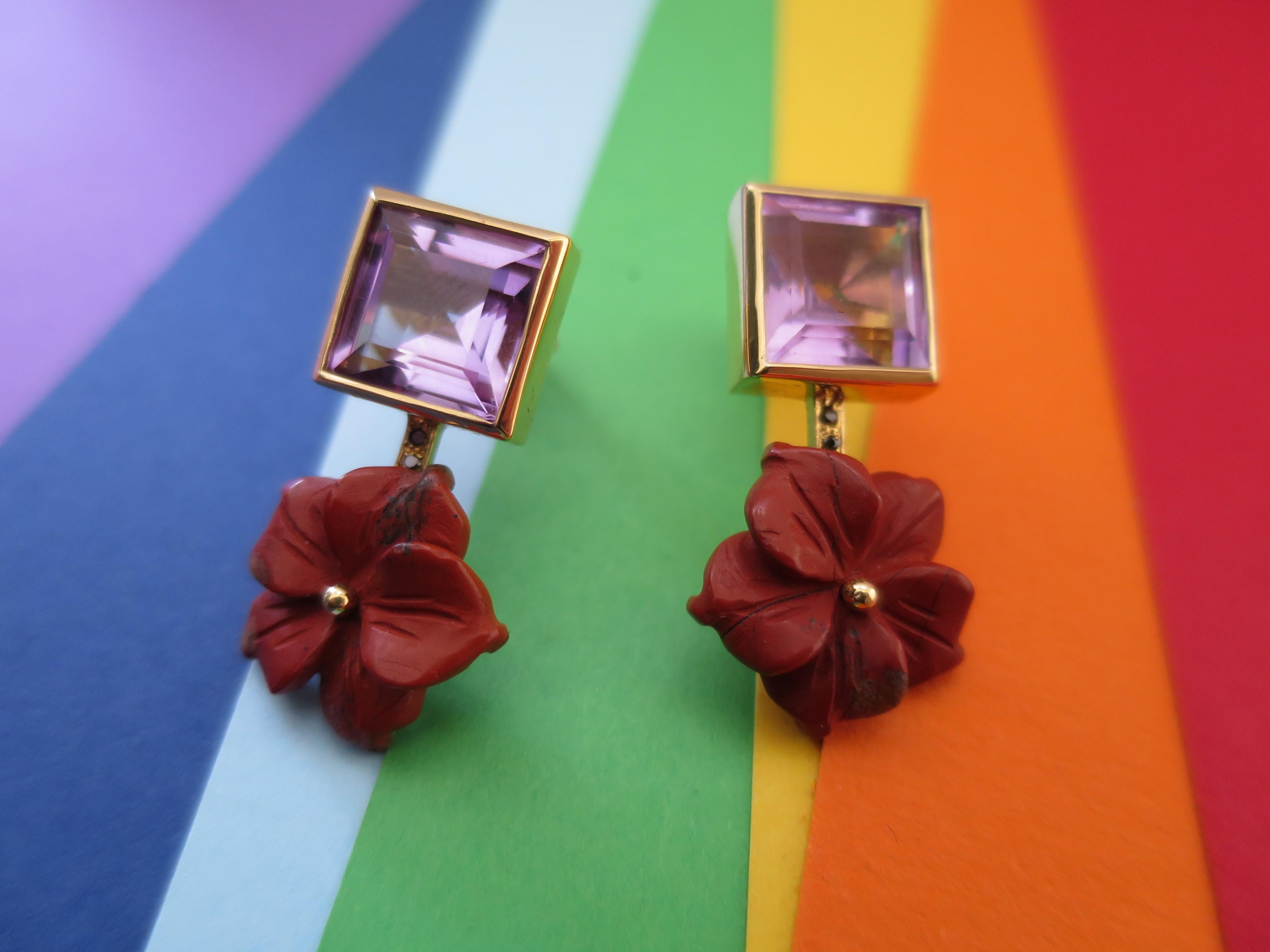 18ct Yellow Gold, Black Diamond, Amethyst and Jasper Flower Earrings For Sale 2