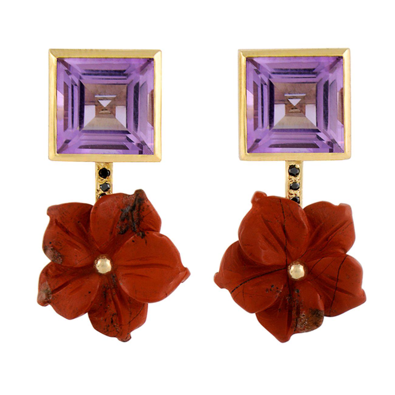18ct Yellow Gold, Black Diamond, Amethyst and Jasper Flower Earrings For Sale