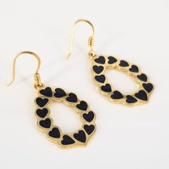18ct Yellow Gold Black Enamel Hearts Drop Earrings
