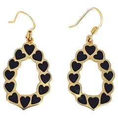 18ct Yellow Gold Black Enamel Hearts Drop Earrings