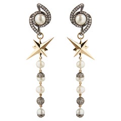18ct Yellow Gold, Blackened Silver, Pearl and Diamond Star Earrings