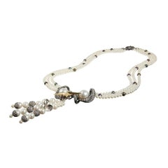 18 Carat Gold, Blackened Silver, Pearl and Diamond 'Voyager' Tassel Necklace