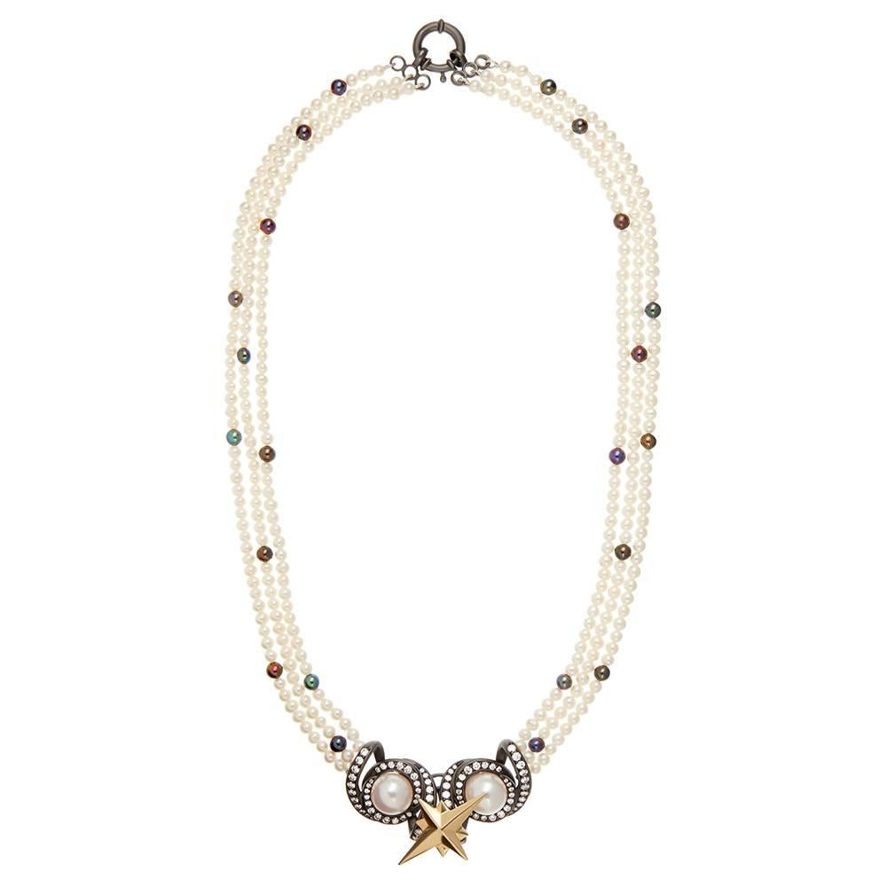 Contemporary 18 Carat Gold, Blackened Silver, Pearl and Diamond 'Voyager' Tassel Necklace For Sale