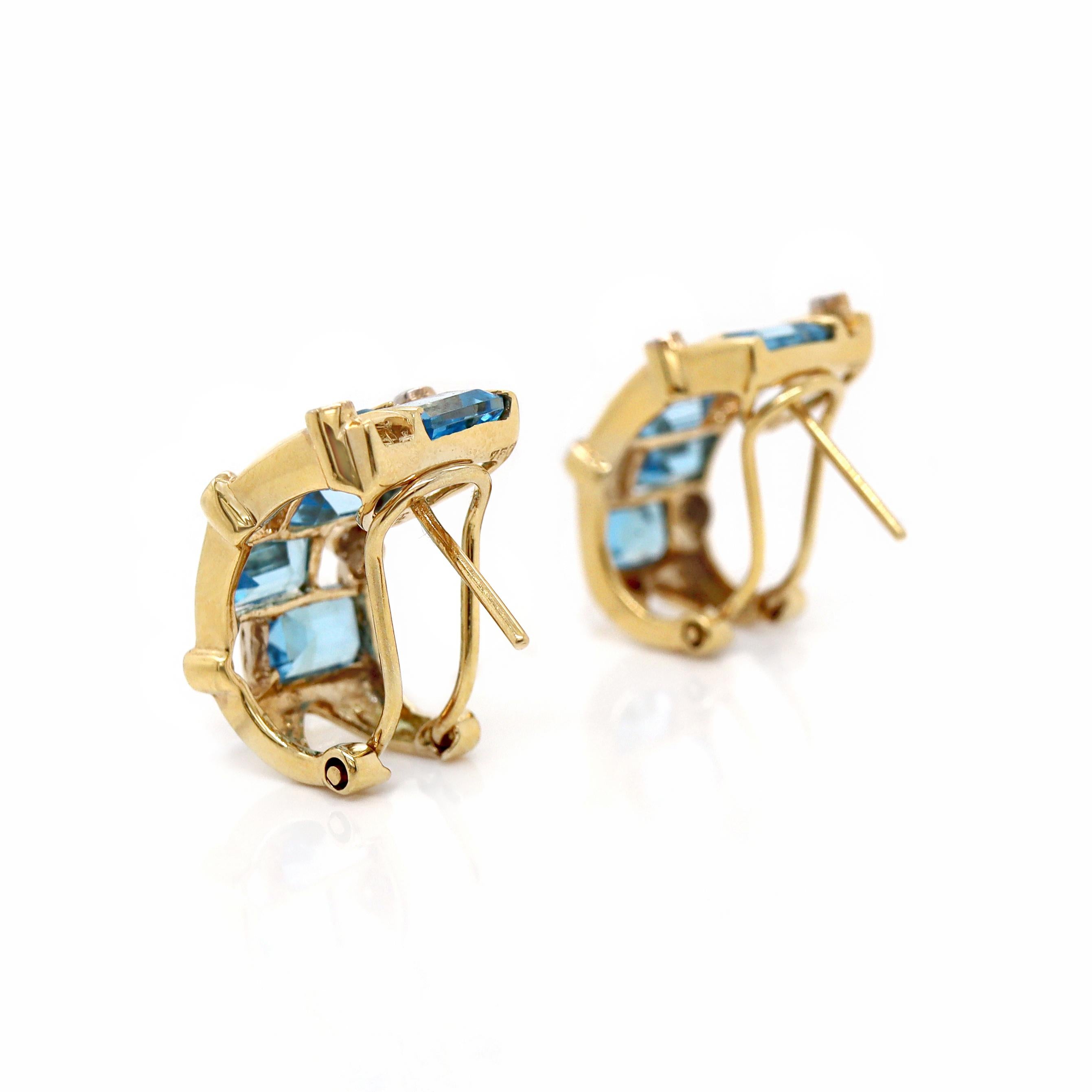 Baguette Cut 18ct Yellow Gold Blue Topaz & Diamond Earrings For Sale