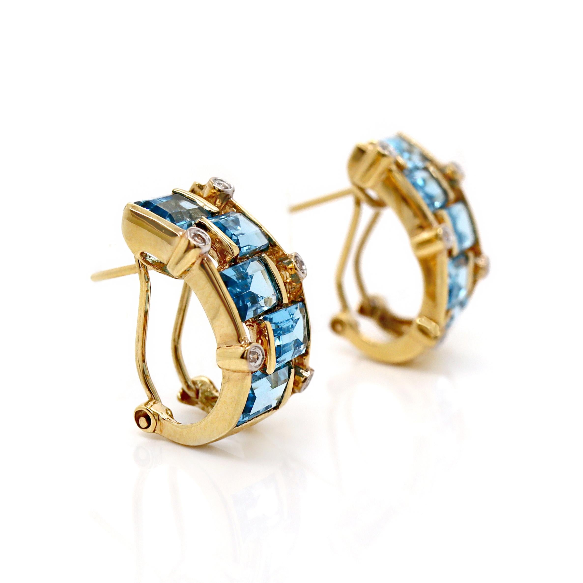18ct Yellow Gold Blue Topaz & Diamond Earrings In New Condition For Sale In Sydney, NSW