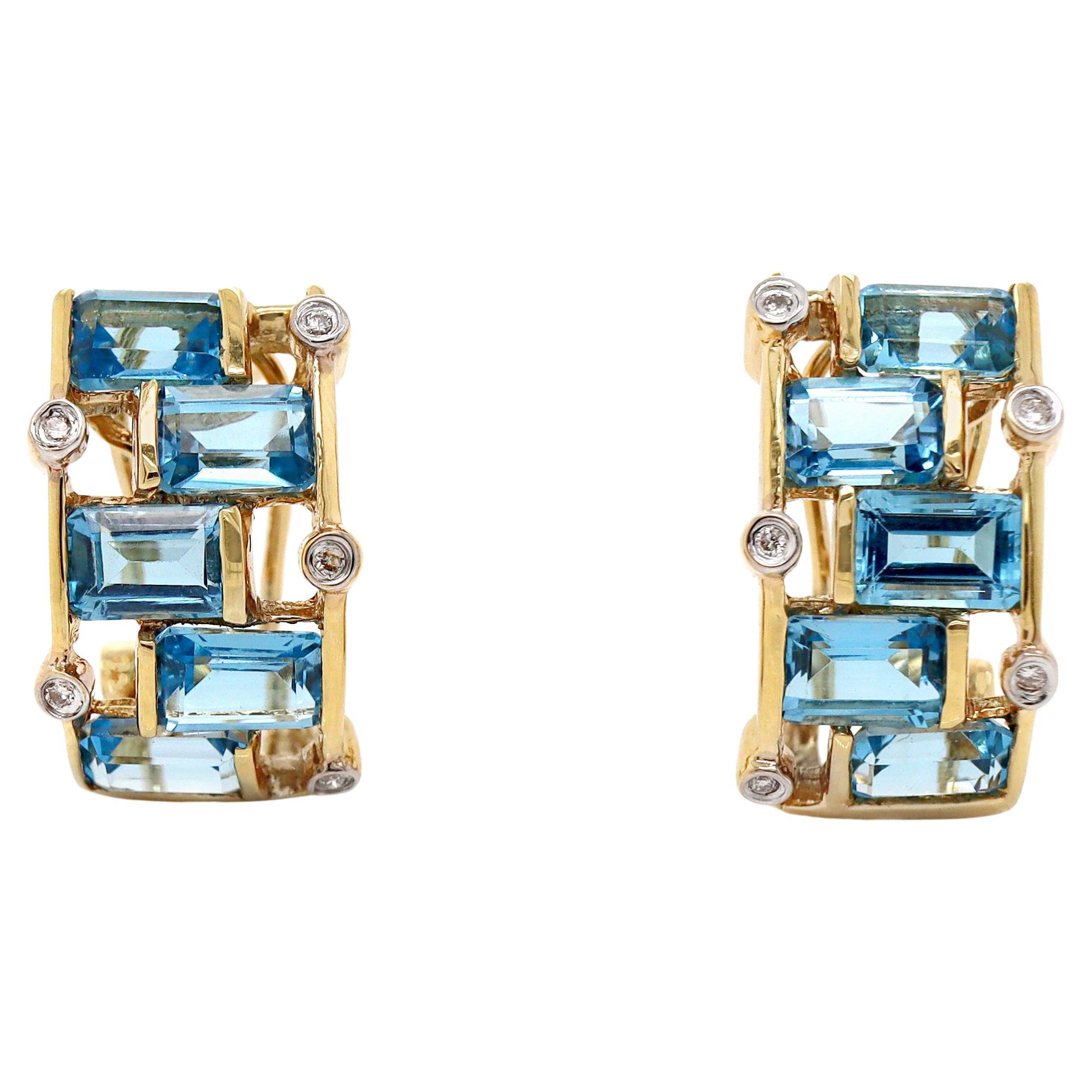 18ct Yellow Gold Blue Topaz & Diamond Earrings For Sale