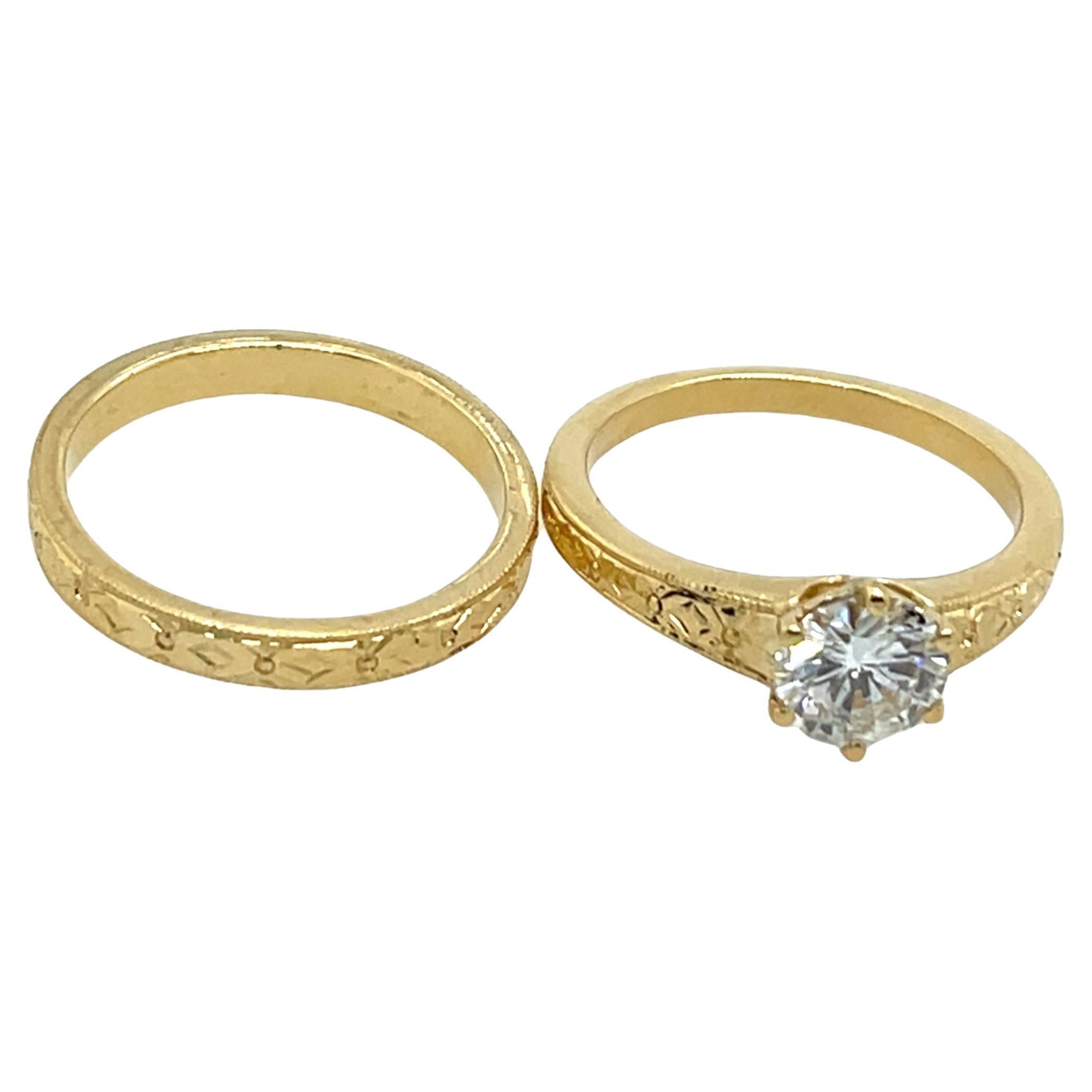 18ct Yellow Gold Bridal Set 0.90ct G/H SI1 Solitaire Diamond Ring & Wedding Ring
